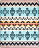 Geometric patterns in black and blue feature cross shapes and zigzags, arranged in horizontal stripes. The background alternates between light blue and beige, creating a vibrant, textile design.