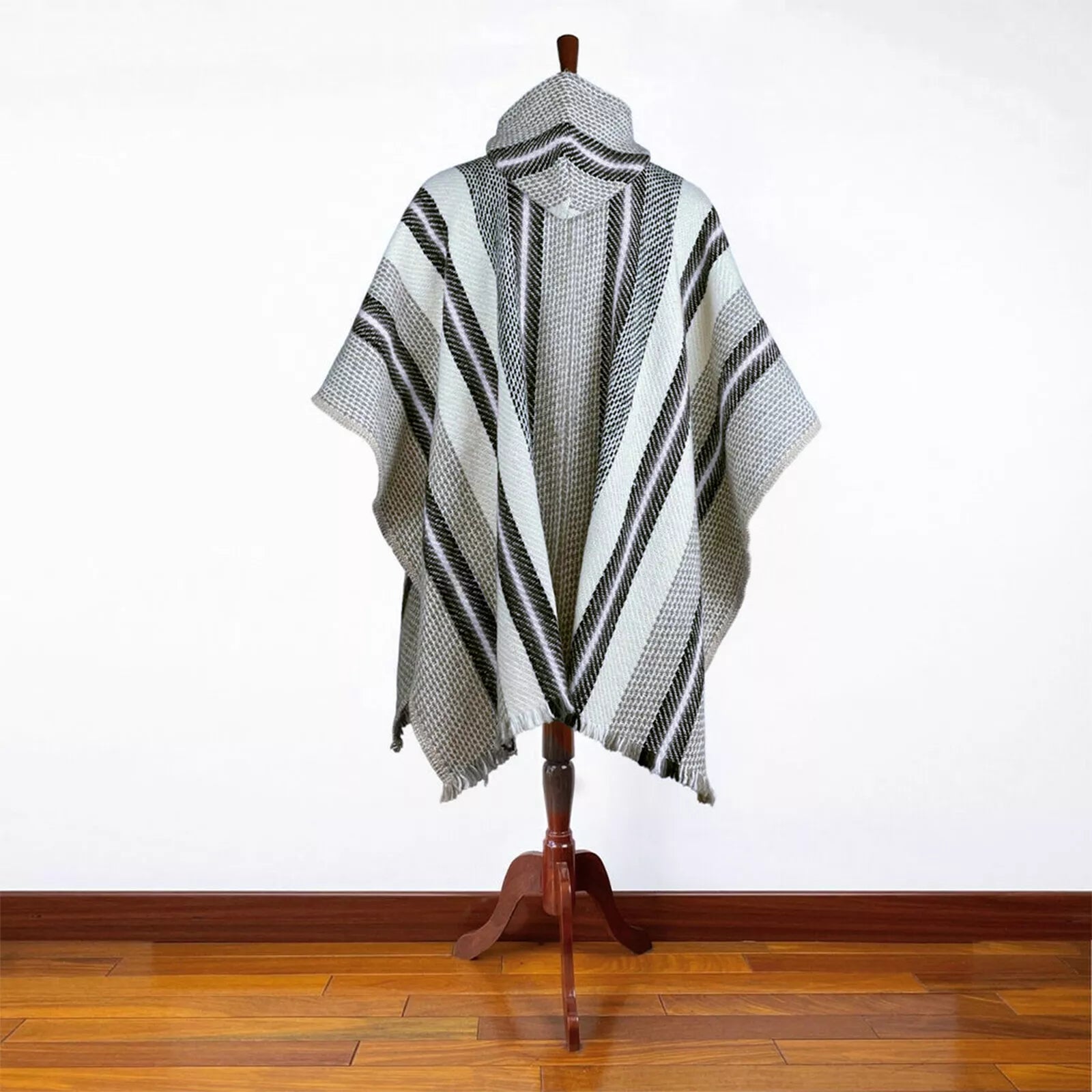 Llama Wool Unisex South American Handwoven Hooded Poncho - XL - striped pattern