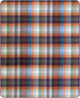 Anzu baby alpaca wool blanket – a pattern of colorful plaid squares features orange, green, blue, and beige hues, forming a repetitive grid with overlapping translucent effect, providing a textured, fabric-like appearance