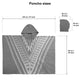 Poncho with geometric patterns lays flat; includes a hood. Dimensions: 145 cm wide, 99 cm high. Hood measures 26 cm wide by 36 cm high. Text: “Poncho sizes.”