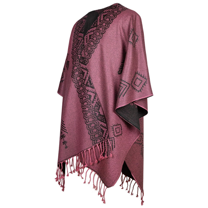 Guayllabamba - Lightweight Fine Alpaca Wool UNISEX Ruana Cape Poncho/Shawl - Rose Pink with authentic black pattern