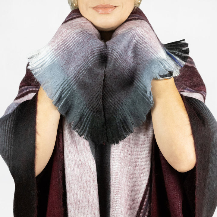 Zhinay – Lightweight Alpaca Blend High-Collar Poncho – Burgundy & Gray – Unisex