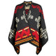 A black poncho with intricate geometric designs; white crosses and red angular patterns dominate, creating a bold, cultural aesthetic in an isolated white background.