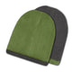 Two knit beanies lie flat, layered over one another. One is green with a dark gray edge, and the other is gray. The background is plain white.