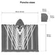 Shakai alpaca wool hooded poncho – poncho with a hood displaying geometric patterns; measurements are 140 cm/55 inches wide, 99 cm/39 inches long, hood 36 cm/14 inches high, 30 cm/12 inches wide. Labeled Poncho sizes