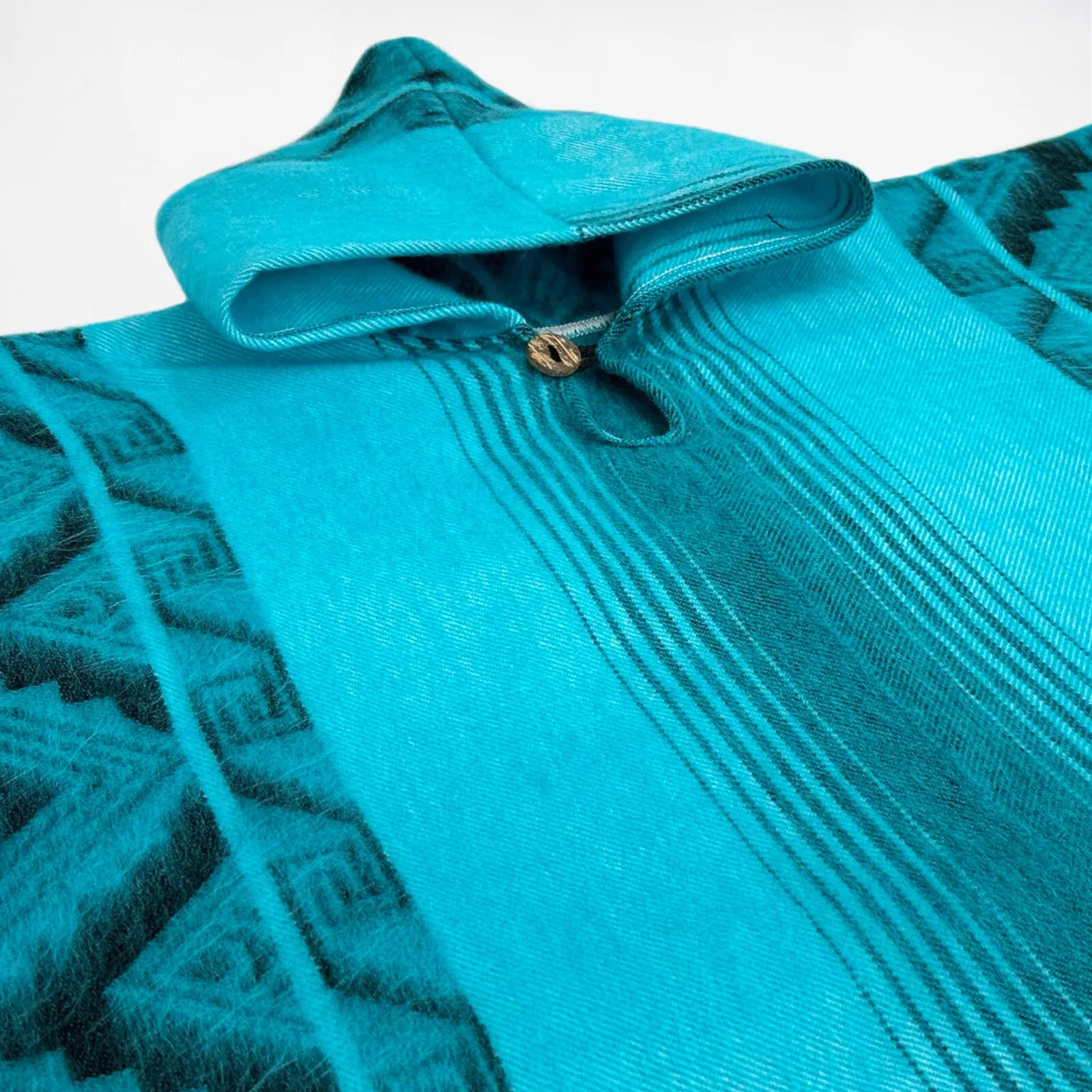 Cuyabeno - Alpaca Wool Kids Unisex South American Handwoven Hooded Poncho - kids sizes - turquoise blue diamond pattern