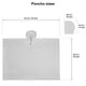Poncho with hood displayed flat, dimensions labeled: 112 cm/44 inch wide, 92 cm/36 inch tall. Hood dimensions: 26 cm/10 inch wide, 33 cm/13 inch tall. Text: Poncho sizes.