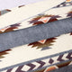 A folded wool blanket displays a geometric, tribal-inspired pattern in earthy tones, primarily cream and gray. The blanket rests atop a light surface, showcasing its intricate design.