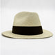 A straw hat with a wide brim features a black band encircling the crown, set against a plain white background.