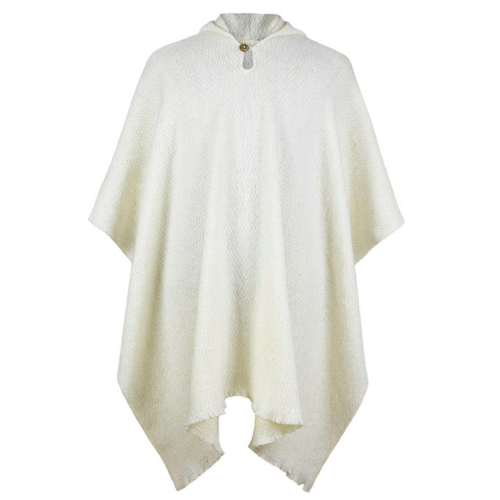 A white poncho with a textured fabric features a hood and a button closure near the neckline. It hangs elegantly, with pointed edges in a plain white background.