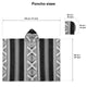 A poncho with geometric patterns displayed flat measures 130 cm/51 inches in width and 98 cm/39 inches in height, including a hood measuring 26 cm/10 inches wide and 35 cm/14 inches tall. Text reads Poncho sizes.