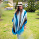 A person wearing a blue-patterned poncho and a straw hat stands outdoors on a grassy area, surrounded by trees and a building in the background.