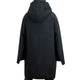 A black coat hangs still, featuring a hood and straight sleeves; positioned against a plain white background.