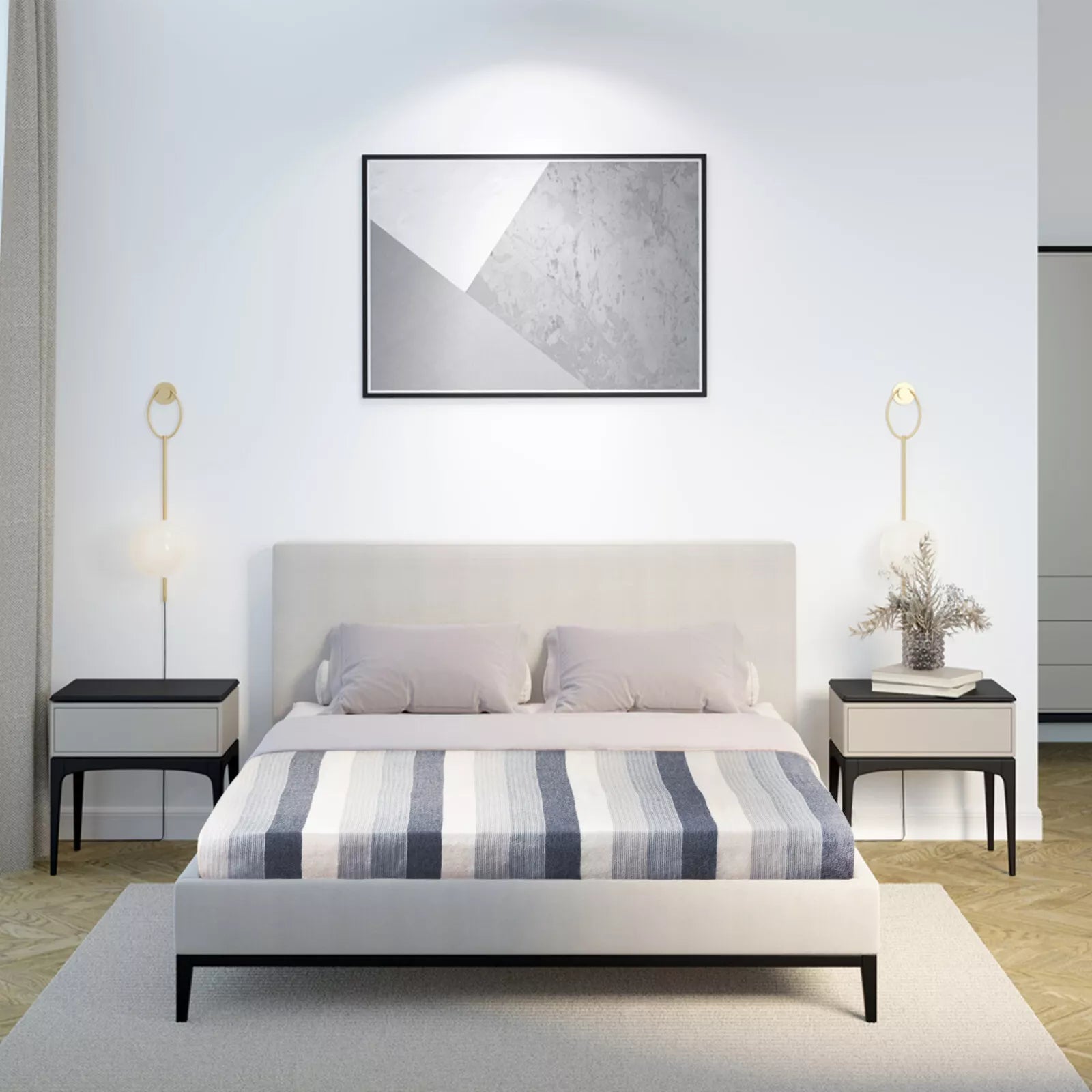 A bed with a striped blanket and two pillows is centered between modern nightstands in a minimalist bedroom. Abstract art and decorative lights enhance the serene, stylish atmosphere.