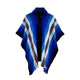 Llama Wool Hooded Poncho – a woven poncho displays vibrant blue, white, and brown stripes, creating a visually striking pattern against a plain white background