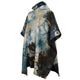 Multicolored tie-dye poncho with a hood and three buttons, displayed against a plain background. The design features swirls of blue, green, black, and brown hues.