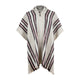 Llama Wool Hooded Poncho – a wool poncho hangs against a plain background, featuring bold vertical stripes in black and red on a beige fabric. It has a sewn hood with a button closure near the neckline