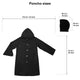A black hooded poncho with a buttoned front is laid flat, accompanied by measurements: 110 cm/43 inch width, 75 cm/30 inch length. A separate hood measures 40 cm/16 inch by 45 cm/18 inch. Text: Poncho sizes.