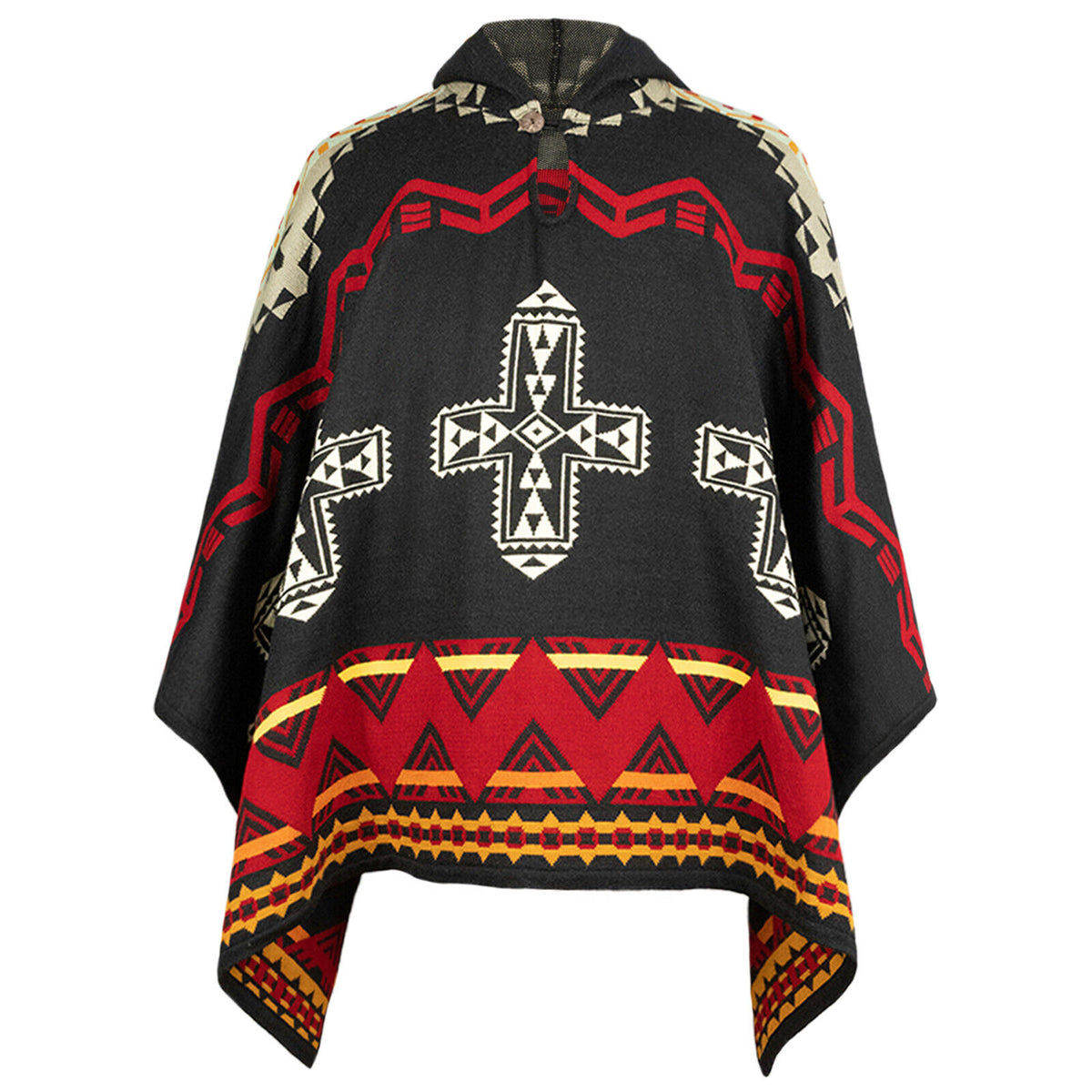 Aztec Rug Poncho Harmony of Contrasts Hooded Alpaca-Cotton Poncho Aztec Geometric ...