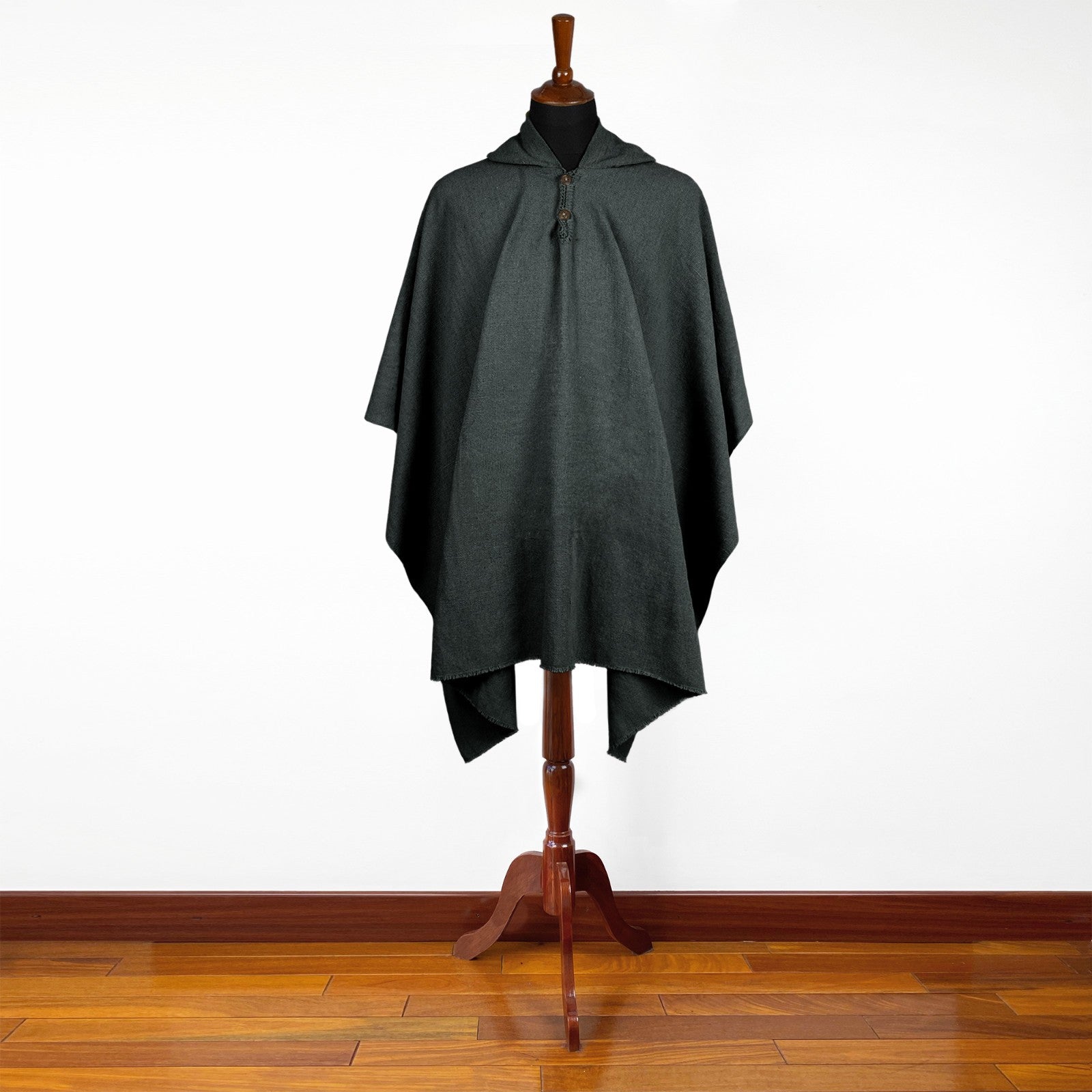 Zumbahua - 100% Llama Wool Handwoven Hooded Poncho - Unisex - Charcoal Black