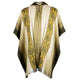 Poncho with a geometric yellow and brown design hangs on display, featuring a hood and a central slit, set against a simple white background.