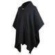 A black hooded poncho with a front pouch pocket features a button closure at the neck, displayed against a plain white background.