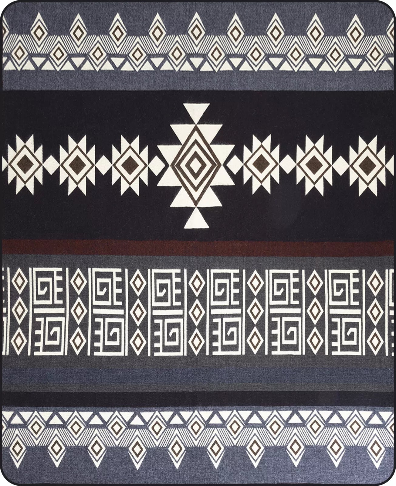 Geometric tapestry features rows of intricate patterns, including diamonds and spirals, in monochrome tones of black, white, and gray. The designs are symmetrically arranged, creating a rhythmic visual effect.