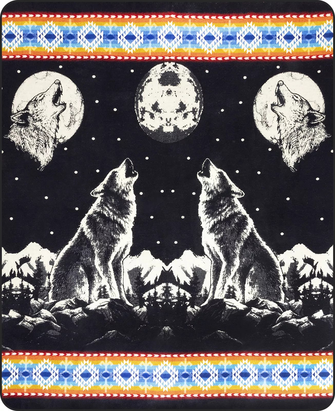 Two wolves howl at the moon, surrounded by mountains and a night sky. Geometric patterns with blue, yellow, and red borders frame the scene, enhancing the mystical atmosphere.