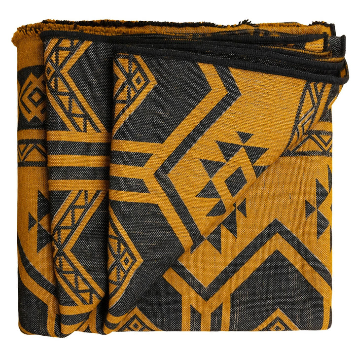 Totoras - Heavy and Thick Extra Large Llama wool artisanal handwoven Blanket - Mustard Gold / Black - Aztec Pattern