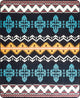 A brightly colored textile features geometric cross patterns in turquoise, zigzag patterns in mustard yellow, and white triangle motifs, creating a symmetrical tribal design on a dark background.