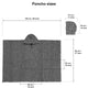 A textured poncho is shown with a hood, measuring 125 cm by 95 cm. The hood size is 27 cm by 35 cm. Label: “Poncho sizes.” Dimensions are in centimeters and inches.