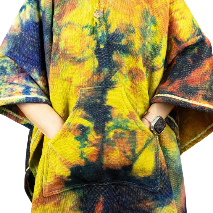 Cachiyacu - 100% Llama Wool Handwoven Hooded Poncho - Unisex - Yellow Abstract - pocket