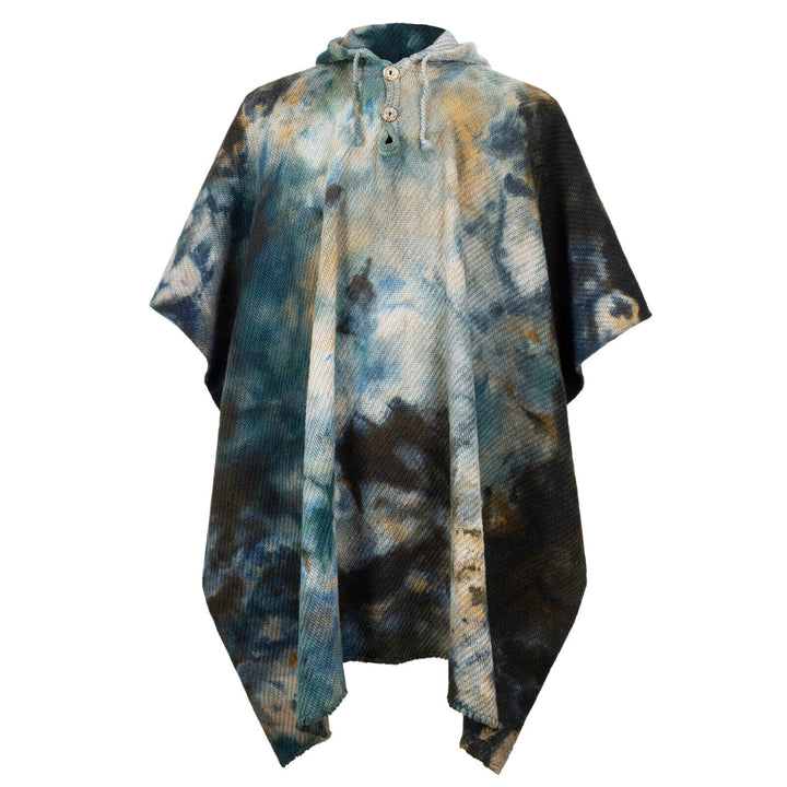 A hooded poncho with a tie-dye pattern in greens, blues, and browns, featuring buttons and drawstrings, displayed on a white background.