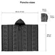 Poncho with a hood displayed flat, featuring geometric patterns and measuring 120 cm by 100 cm. Hood dimension: 28 cm by 35 cm. Text reads Poncho sizes.