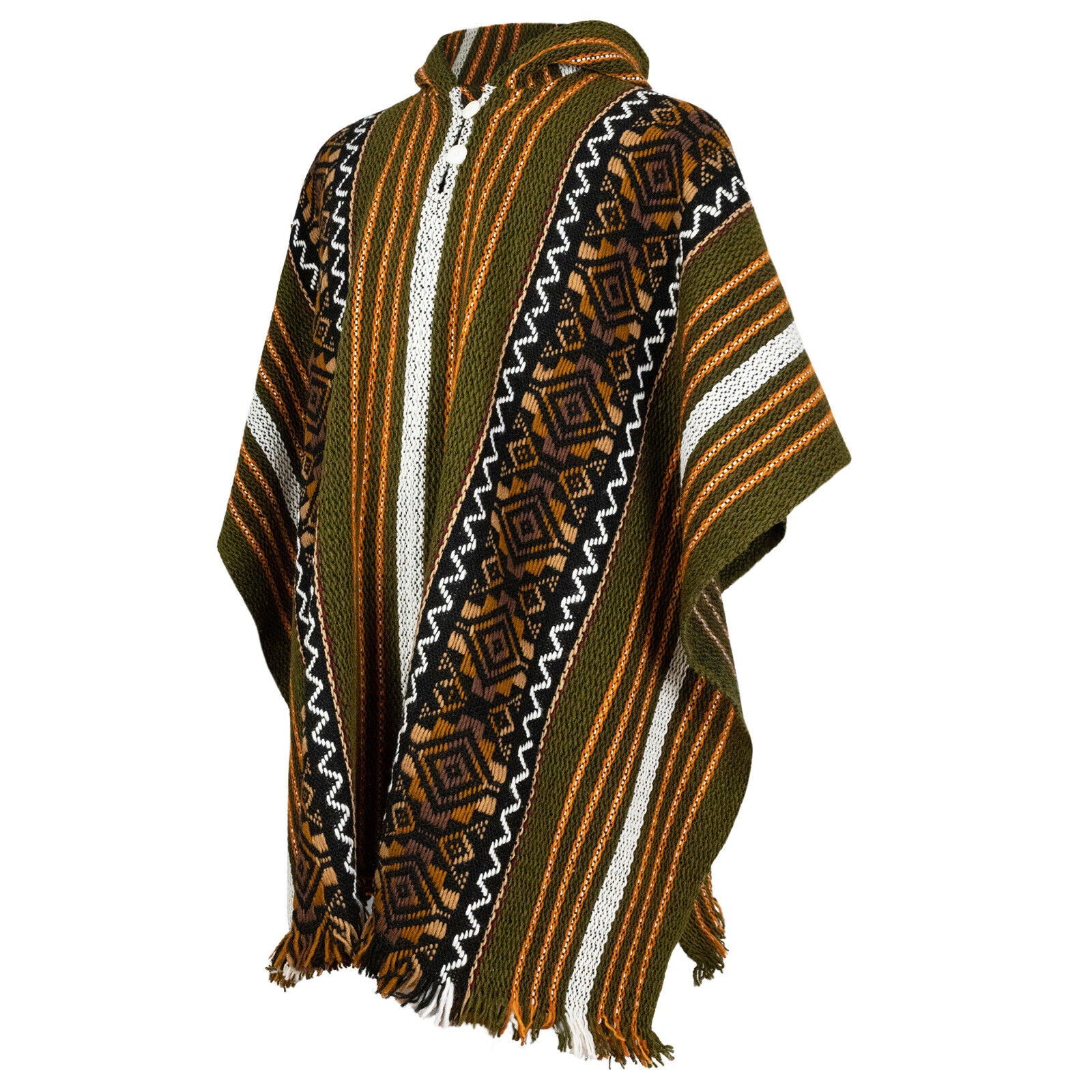 Sozoranga - Llama Wool Unisex South American Handwoven Hooded Poncho - khaki green/orange/off-white stripes with diamonds pattern