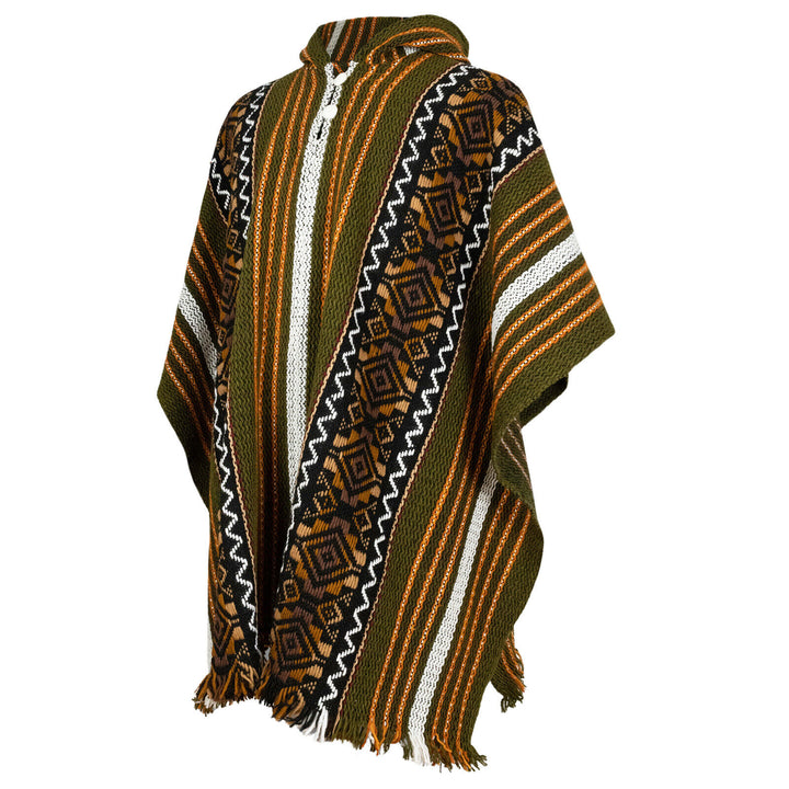 A colorful poncho with intricate geometric patterns in green, orange, and white stripes, drapes on a plain white background, featuring a small buttoned collar.