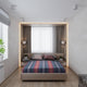 Huasaga baby alpaca wool blanket – a bed with striped bedding is centered against a wall with sconces, flanked by curtains in a minimalist bedroom featuring a window, potted plant, and wooden floor. 11 Design Studio logo