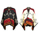 Two patterned ponchos are displayed with intricate geometric designs in red, black, and cream. They are side by side on a plain white background, highlighting their contrasting color schemes.