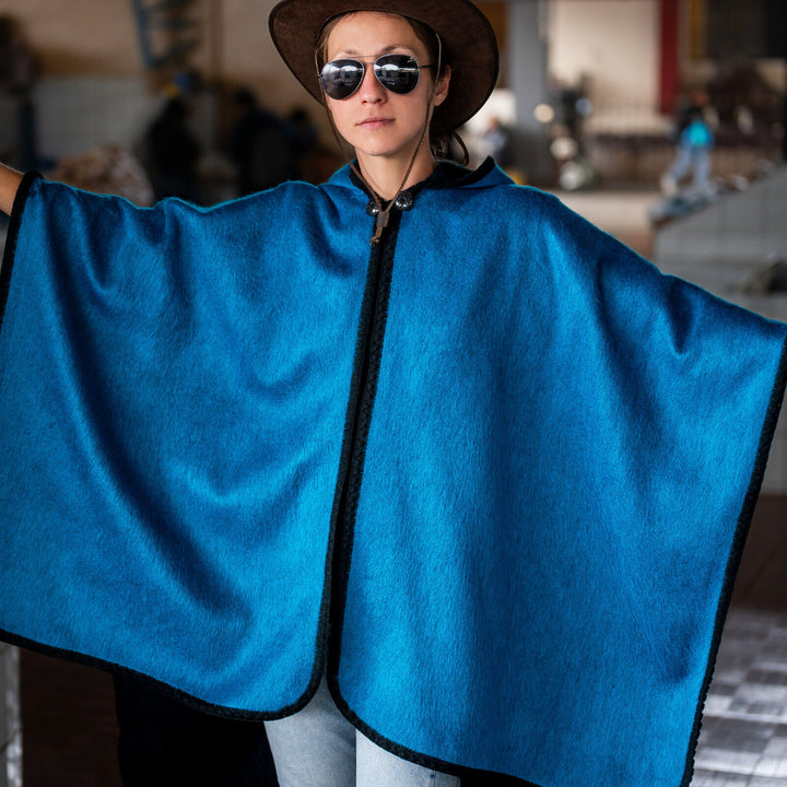 Pucara - Lightweight Baby Alpaca Hooded Cape Poncho - Blue - Unisex