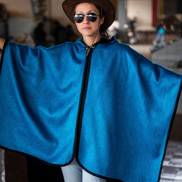 Pucara - Lightweight Baby Alpaca Hooded Cape Poncho - Blue