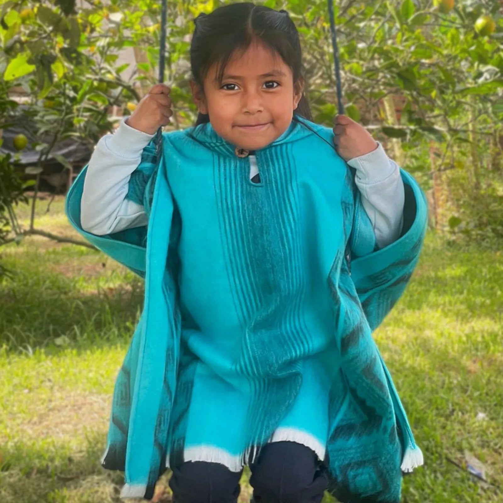 Cuyabeno - Alpaca Wool Kids Unisex South American Handwoven Hooded Poncho - kids sizes - turquoise blue diamond pattern