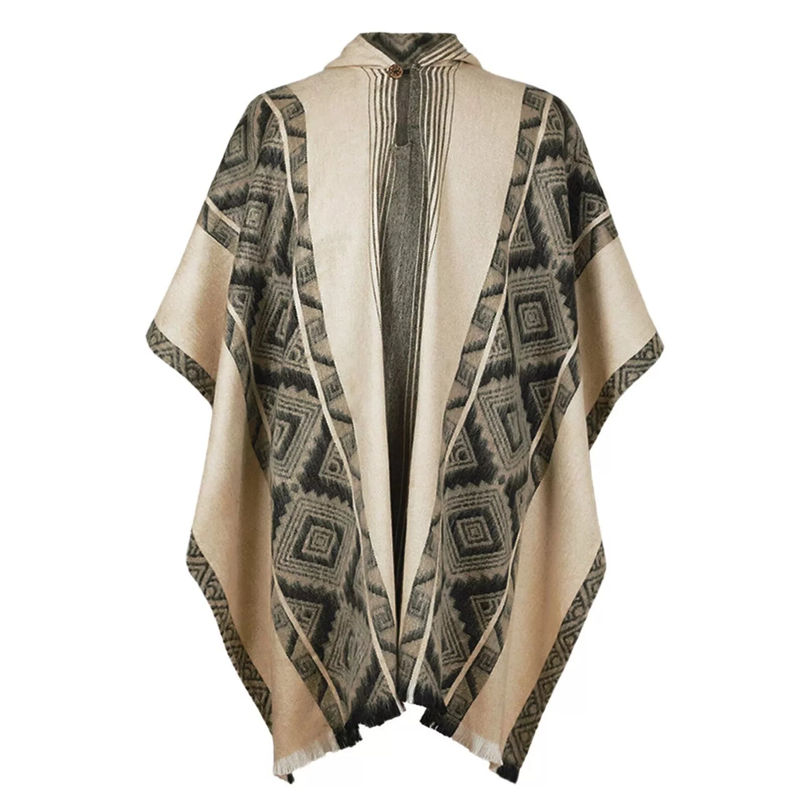 A hooded poncho hangs with geometric diamond designs on black-bordered beige fabric, featuring a button at the neckline, against a plain white background.