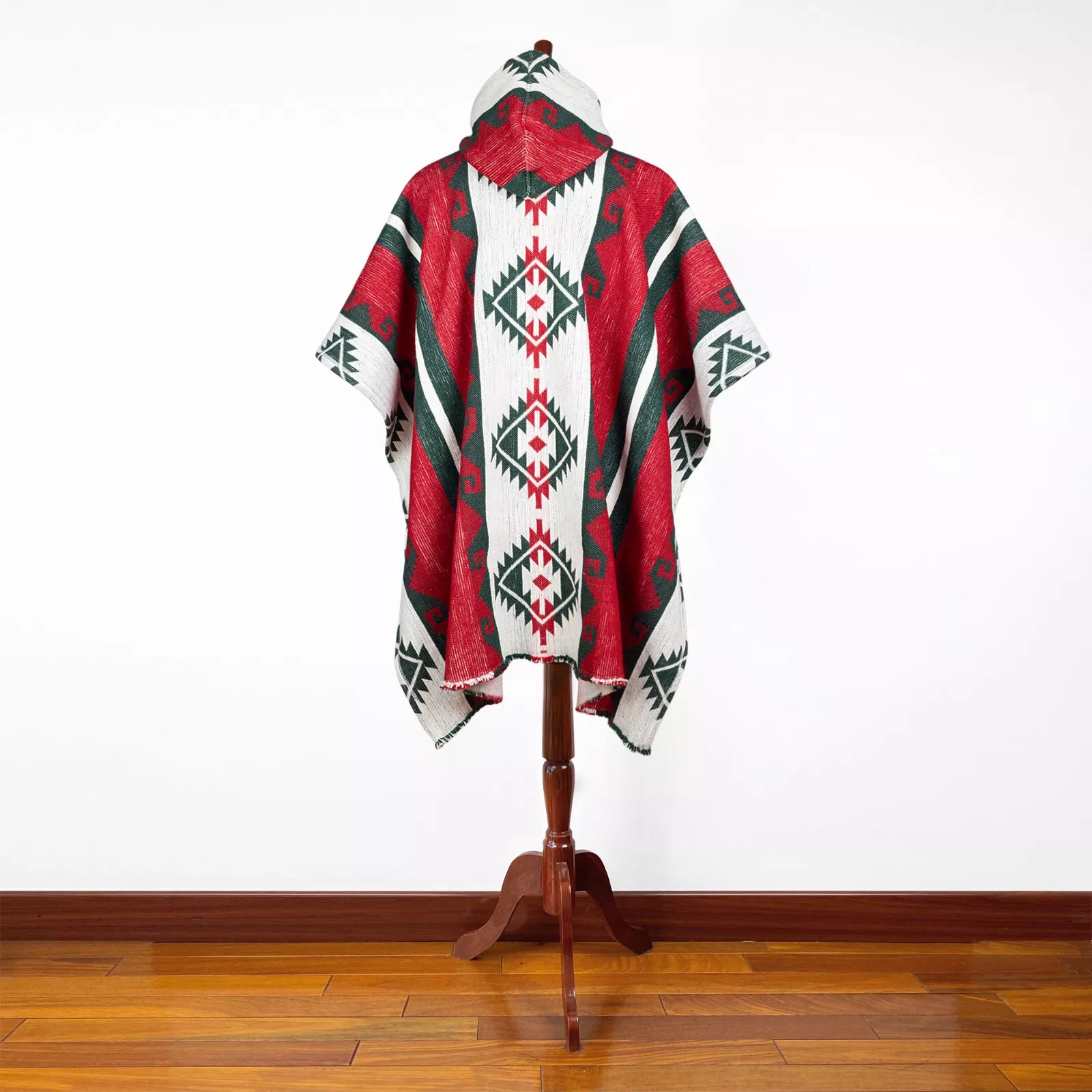 Villano - Llama Wool Unisex South American Handwoven Thick Hooded Poncho - Andean pattern - red-white-black colours