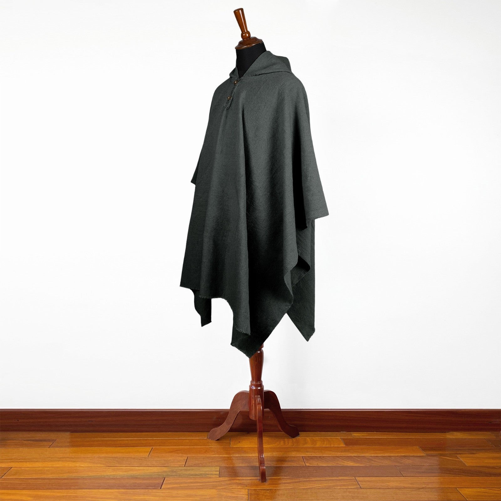 Zumbahua - 100% Llama Wool Handwoven Hooded Poncho - Unisex - Charcoal Black