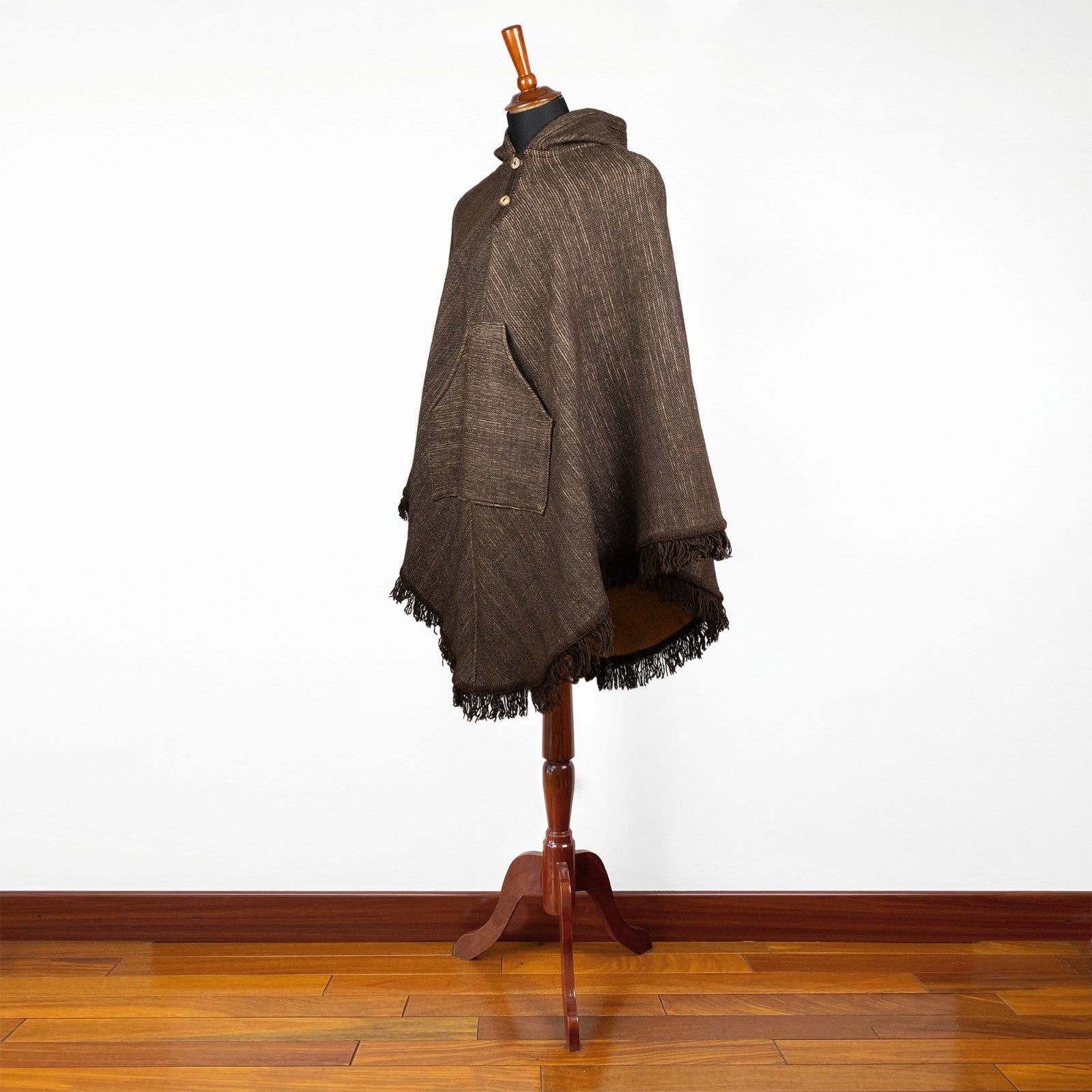Chaska - 100% Llama Wool Handwoven Hooded Poncho – Earth Brown Pattern – Pocket - Unisex