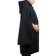 A person in profile wearing an oversized black coat with wide sleeves and a hood, standing against a plain white background.
