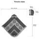 Poncho with geometric patterns features a hood, measuring 115 cm wide and 135 cm long. Hood dimensions are 26 cm by 35 cm. Text reads: Poncho sizes, with detailed measurements.