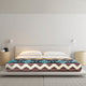 A bed with two pillows features a colorful, geometric-patterned blanket. It's in a minimalist bedroom with a beige wall, two wooden nightstands, and wall-mounted lights.