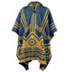 Paccha - Llama Wool Unisex South American Handwoven Thick Hooded Poncho - Andean pattern - denim blue-yellow colours