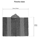 Wuachapa llama wool hooded poncho – poncho with a hood displayed flat, measuring 75 cm (30 inches) in width and 73 cm (29 inches) in height. Striped pattern in black and white. Text reads Poncho sizes